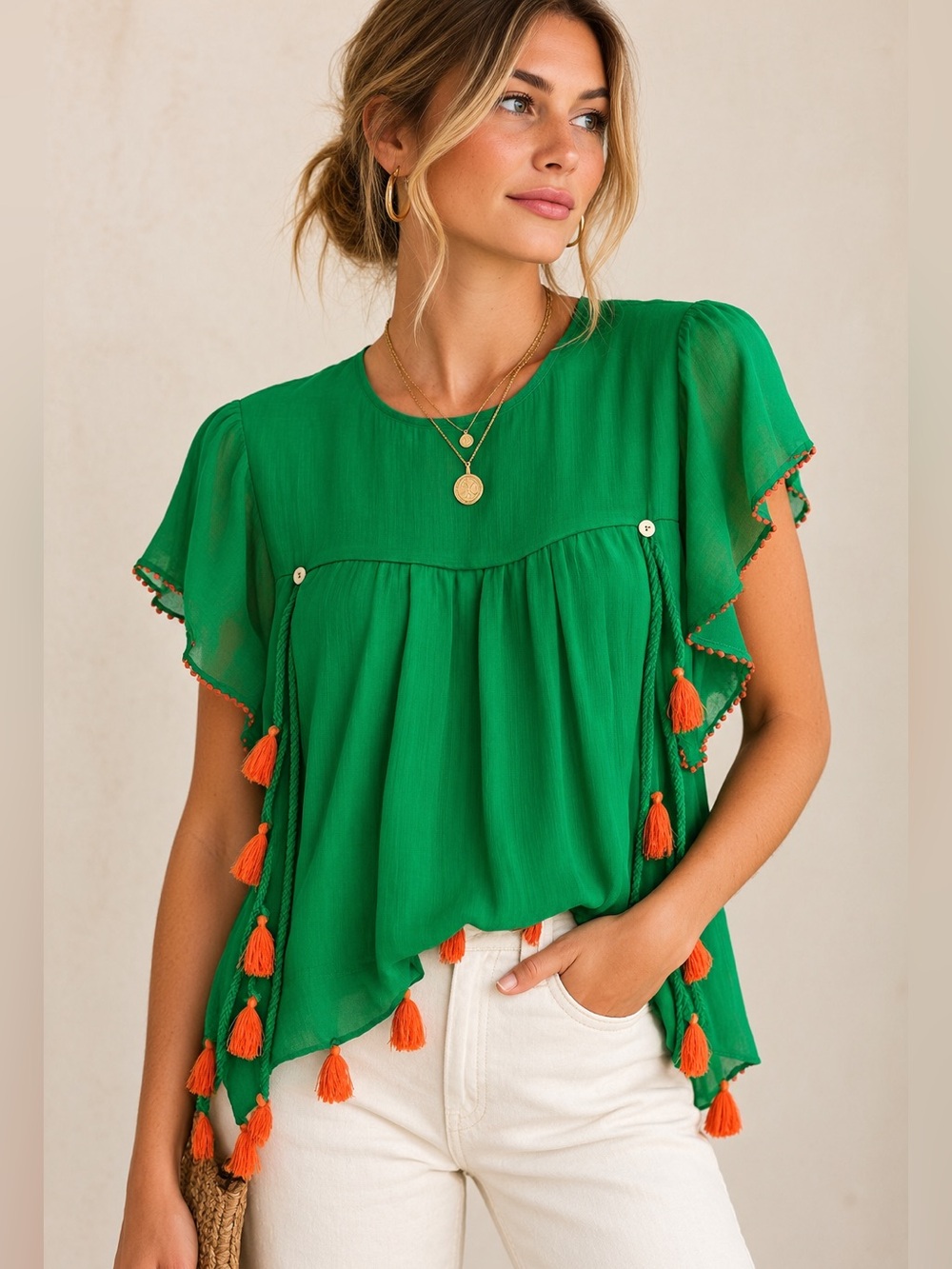 NWT Banjanan Anthropologie Green Tassel Blouse S Boho Festival Cottagecore